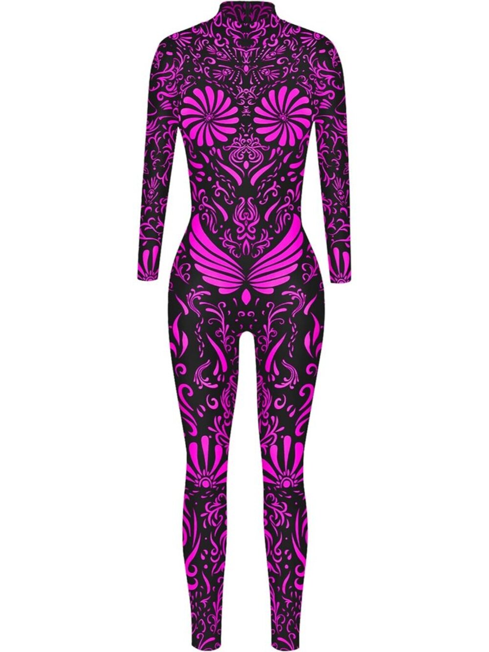 Women Neon Pink Floral Damask Graphic Print Full-Body Halloween Catsuit Bodycon
